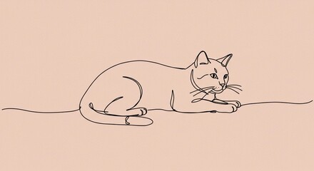 Elegant Minimalist Line Art Drawing of a Cat Lying Down Pink Background Pet Illustration
