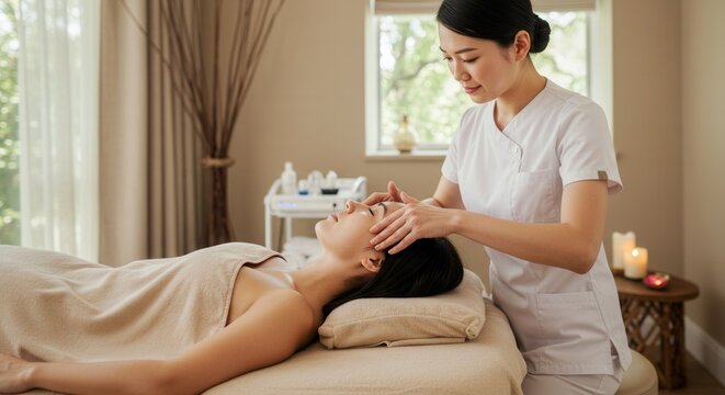 Serene Facial Massage: Asian Woman Receiving Spa Treatment