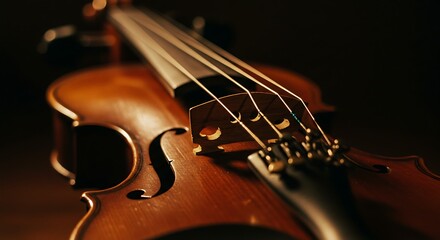 Fototapeta premium Violin Close-up with Strings and Bridge Detail in Warm Light