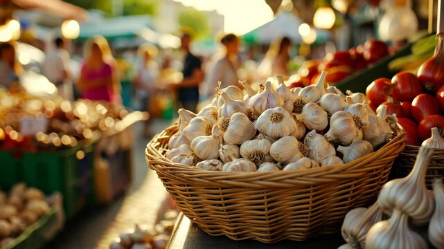 garlic in basket at market, fresh vegetable selling at local Asian fresh market, bustling people shopping