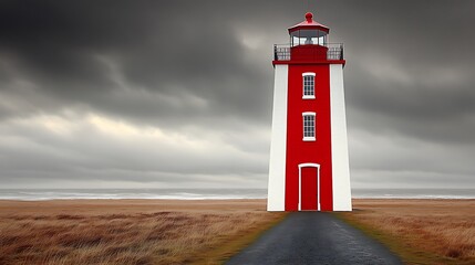 A tall red and white lighthouse stands under dark stormy clouds