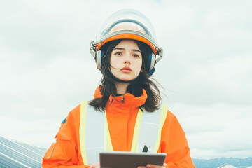 Female engineer in orange jacket using tablet in industrial factory setting