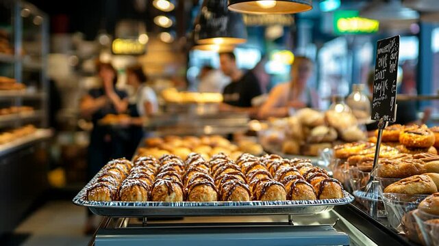 close up tray of bakery, various type of bread selling at bakery shop with people shopping in shop 
