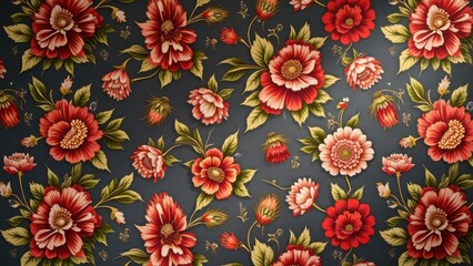 Vintage floral wallpaper with red flowers on dark background
