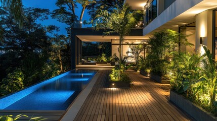 Modern luxury home pool deck at night
