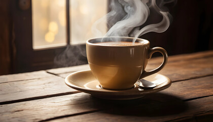 Steaming Cup of Coffee on a Wooden Table Near a Sunrise Window