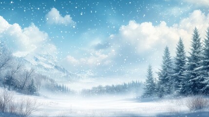 Fototapeta premium Serenity of Winter Landscape: Blue Sky, Falling Snowflakes, Snow-Covered Ground, Pine Trees, Mountain Range - Peaceful Atmosphere