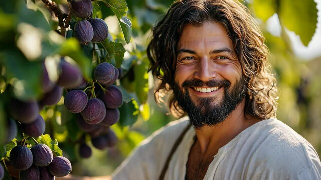 Jesus Christ standing at fruitful fig tree with bright sunlight	
