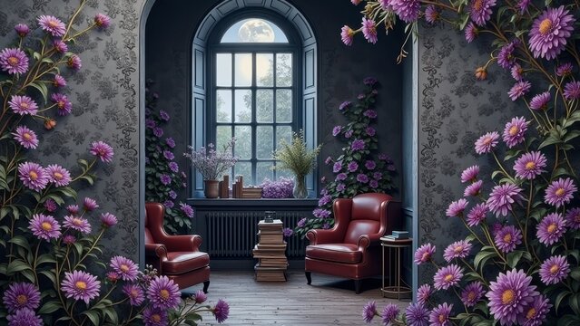 Cozy reading nook with armchairs and purple flowers by moonlit window