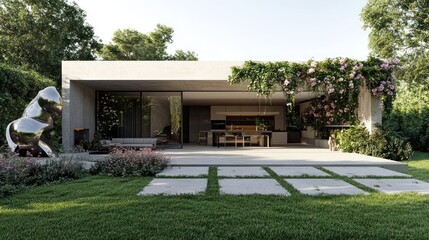 Modern concrete house exterior with garden and patio