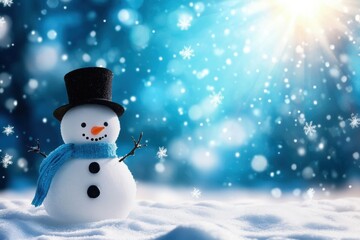 Snowman in Black Top Hat and Blue Scarf Standing in Snow: Peaceful Winter Illustration with Sun and Falling Snowflakes