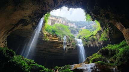 Cave Waterfall, Lush Greenery, Sunlight, Nature's Wonder