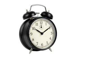 Classic alarm clock with visible hands and clean design, isolated on white background, shadow-free high-resolution