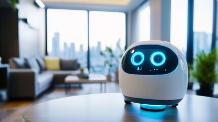A high tech AI assisted personal assistant robot, managing daily tasks in a futuristic home, high-tech living space