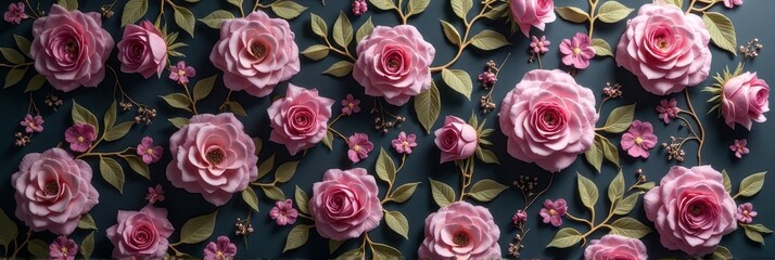 Elegant pink roses and green leaves arranged on dark background