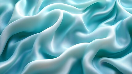 Fototapeta premium A surreal silk satin background in gradient turquoise and seafoam green, with soft, billowing waves that mimic ocean foam. The high-definition texture is mesmerizingly smooth.