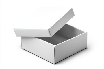 Naklejka premium White glossy rectangular box with open lid, revealing interior, set against plain white background as focal point