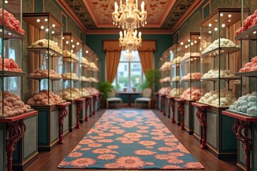 Fototapeta premium Luxurious yarn shop display with elegant chandelier and colorful carpet