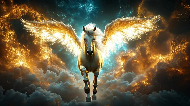 Pegasus flying over cloud under celestial star sky, dreamy fantasy landscape 