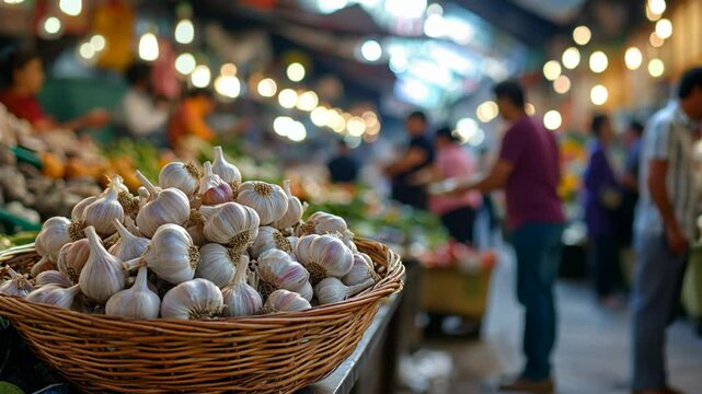 garlic in basket at market, fresh vegetable selling at local Asian fresh market, bustling people shopping