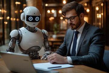 Scène professionnelle entre un homme d’affaires concentré et un robot humanoïde assistant dans un bureau moderne, collaboration homme machine