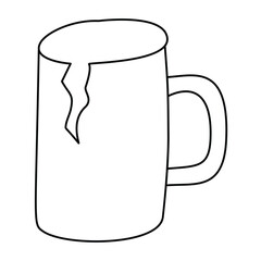 Doodle broken mug. Isolated, on white background
