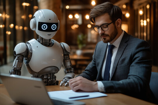 Sc&egrave;ne professionnelle entre un homme d&rsquo;affaires concentr&eacute; et un robot humano&iuml;de assistant dans un bureau moderne, collaboration homme machine