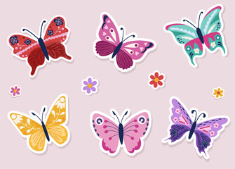 Set colorful butterflies with detailed wing patterns surrounded by decorative floral elements. Modern sticker-style illustration with vibrant, symmetrical designs and playful aesthetics. Pastel pink