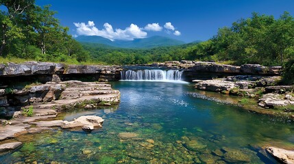 Mountain River Waterfall Landscape.