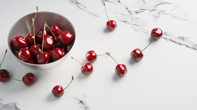 red cherries in a bowl and on white background
