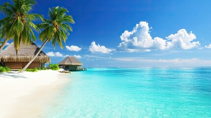 Naklejka premium Tropical Maldives Islands with Clear Blue Waters, White Sandy Beaches and Thatched - Roof Bungalows for Travel and Vacation Inspiration.