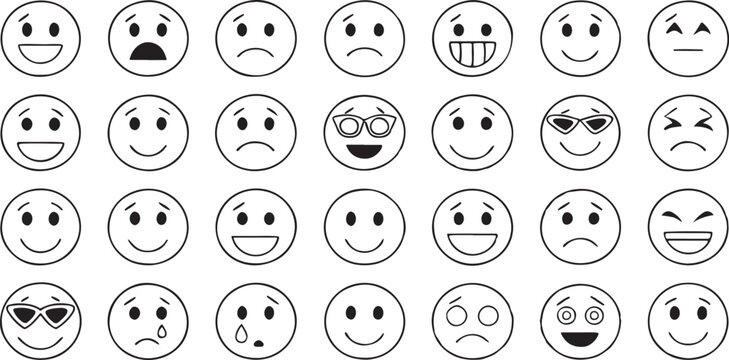 Set of funny cartoon faces with various emotions and expressions in a vector style