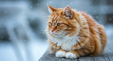 Adorable Ginger Cat Sitting in Snowy Winter Scene Fluffy Fur Cold Weather