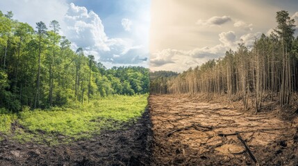 Panoramic view of a forest, the left side lush and green with vibrant foliage, the right side barren and desolate, with dead trees and cracked earth, illustrating the devastating effects of climate ch