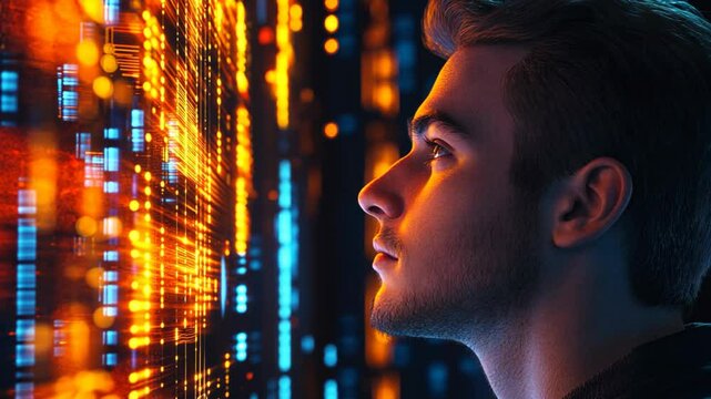 young Caucasian man looking at hologram graph with bokeh light, cybernetic verse Ai and data analysis concept