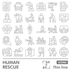 Human rescue collection or sketches. emergency theme icons in thin line style signs for web and app. Vector graphics isolated on white background.