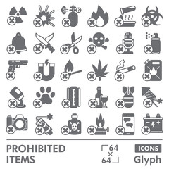 Prohibited items collection or sketches. forbidden item theme icons in glyph style signs for web and app. Vector graphics isolated on white background.