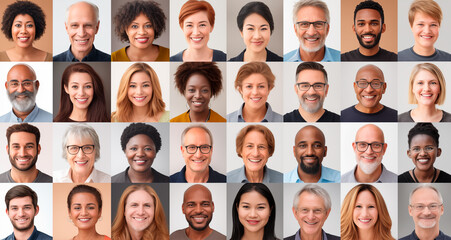 A large grid of portraits, each depicting different people from various ethnicities smiling and looking at the camera.