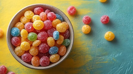 Colorful candies in bowl on vibrant split background