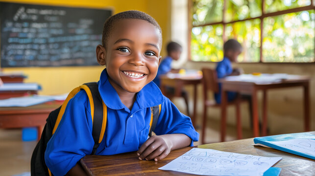 Joyful boy in classroom with educational posters and sunlight