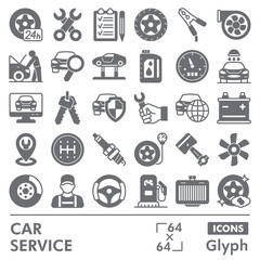 Car service collection or sketches. vehicle repair theme icons in glyph style signs for web and app. Vector graphics isolated on white background.