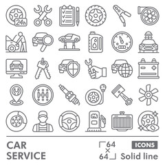Car service collection or sketches. vehicle repair theme icons in line style signs for web and app. Vector graphics isolated on white background.