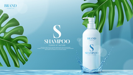 Ad banner of hair shampoo or conditioner. 3d vector illustration of cosmetic product. Realistic bottle in water splash with monstera leaves on background. Beauty product advertising or shampoo. 