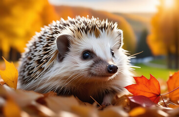 Hedgehog in forest with colorful autumn leaves