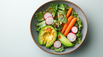 Vibrant salad bowl with avocado, carrots, radishes, and greens