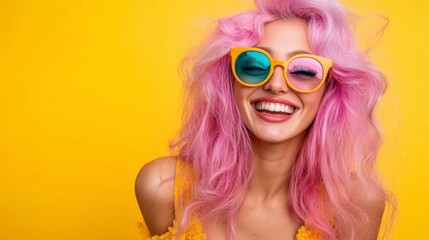 Smiling Woman with Pink Hair Wearing Colorful Sunglasses on Yellow Background