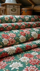 Floral fabric rolls with red and white flowers in vintage room setting