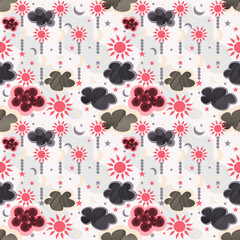 Seamless pattern summer with crescent moon, clouds, sun and stars in flat style. Sky, dream, sleep pattern. Vector illustration. Childish cute wallpaper. Hand drawn vector pattern. Abstract Background