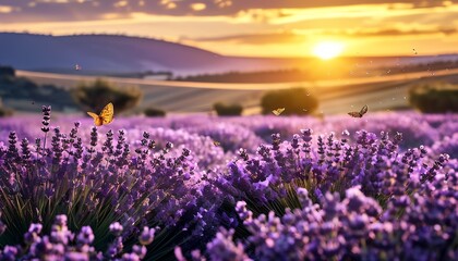 Obraz premium Lavender Fields with Vibrant Flowers and Golden Sunset Glow