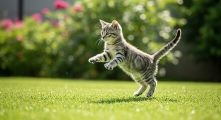 Obraz premium Playful Kitten Leaping in Sunny Garden Adorable Tabby Cat Outdoors